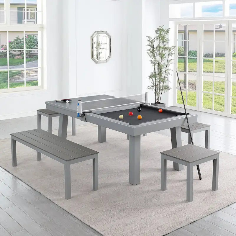 Newport Outdoor Patio 7ft Slate Pool Table 6-Seater Dining Set with 4 Benches & Accessories, Cement Finish