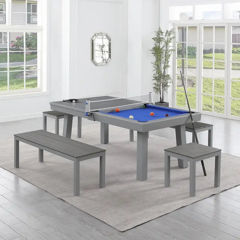 Newport Outdoor Patio 7ft Slate Pool Table 6-Seater Dining Set with 4 Benches & Accessories, Cement Finish