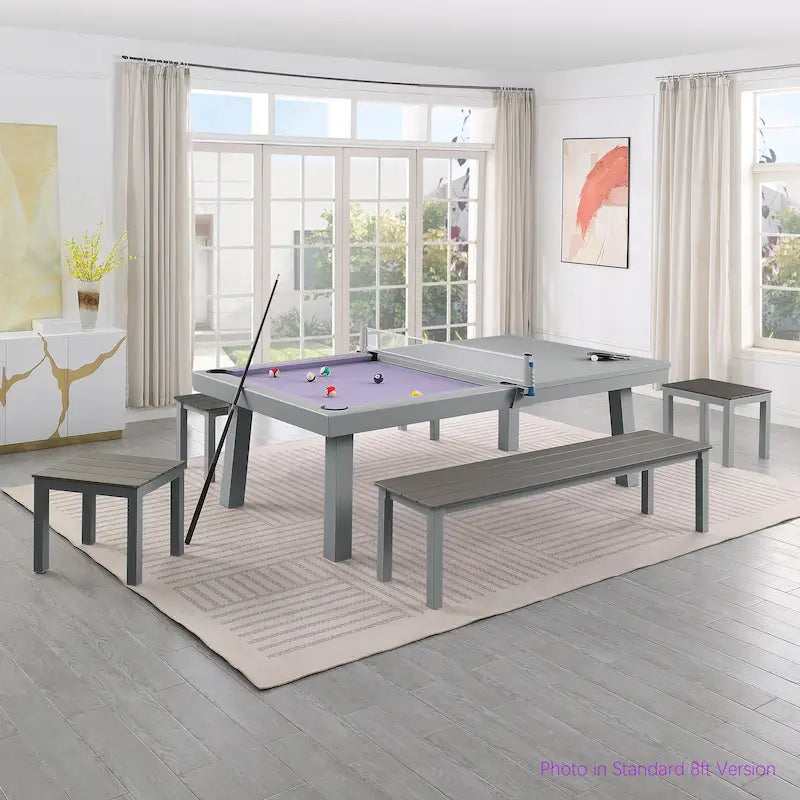 Newport Outdoor Patio 7ft Slate Pool Table 6-Seater Dining Set with 4 Benches & Accessories, Cement Finish