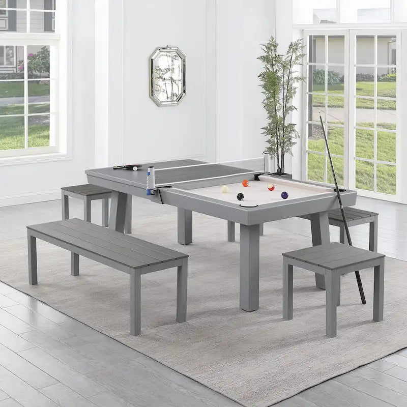 Newport Outdoor Patio 7ft Slate Pool Table 6-Seater Dining Set with 4 Benches & Accessories, Cement Finish