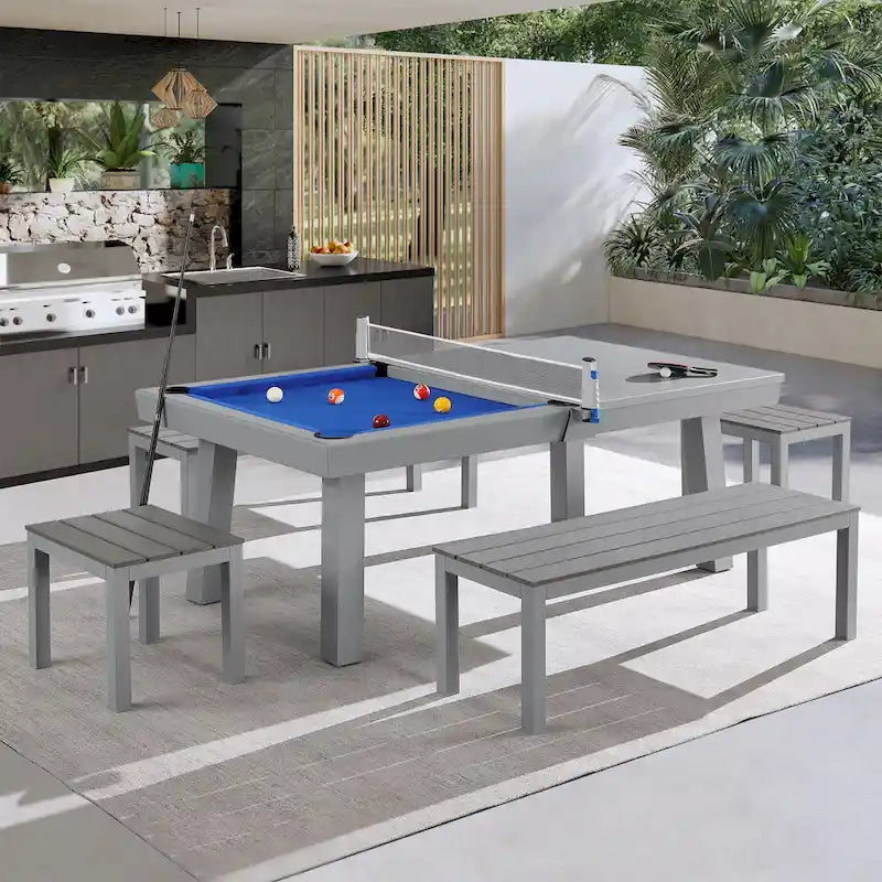 Newport Outdoor Patio 7ft Slate Pool Table 6-Seater Dining Set with 4 Benches & Accessories, Cement Finish