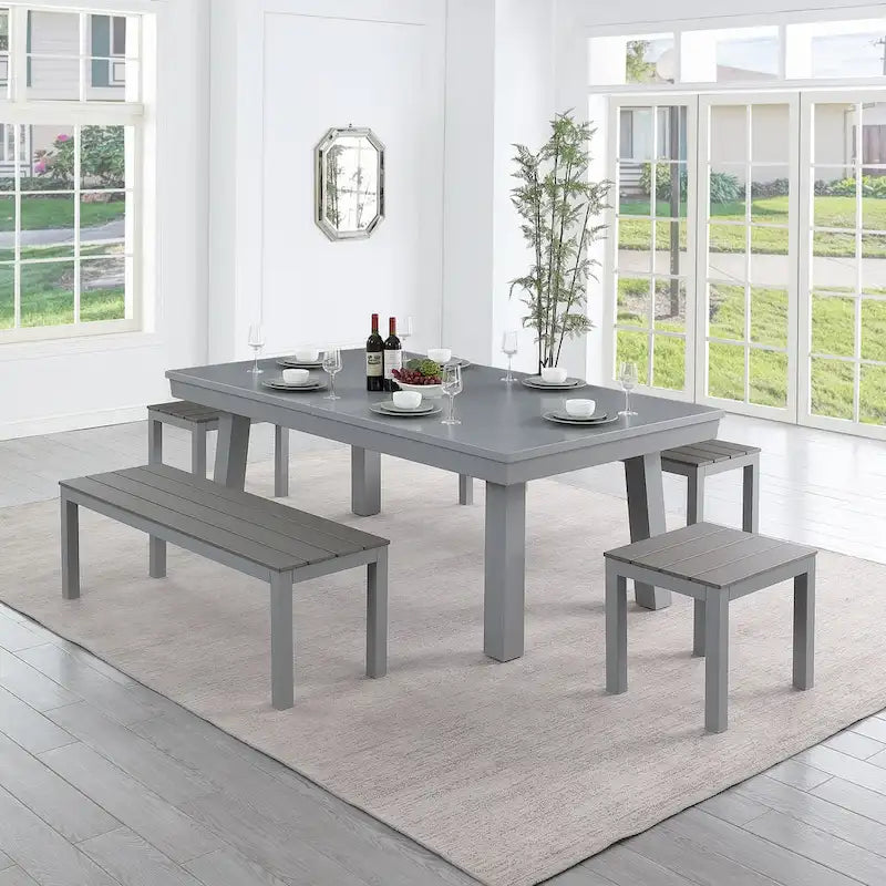 Newport Outdoor Patio 7ft Slate Pool Table 6-Seater Dining Set with 4 Benches & Accessories, Cement Finish