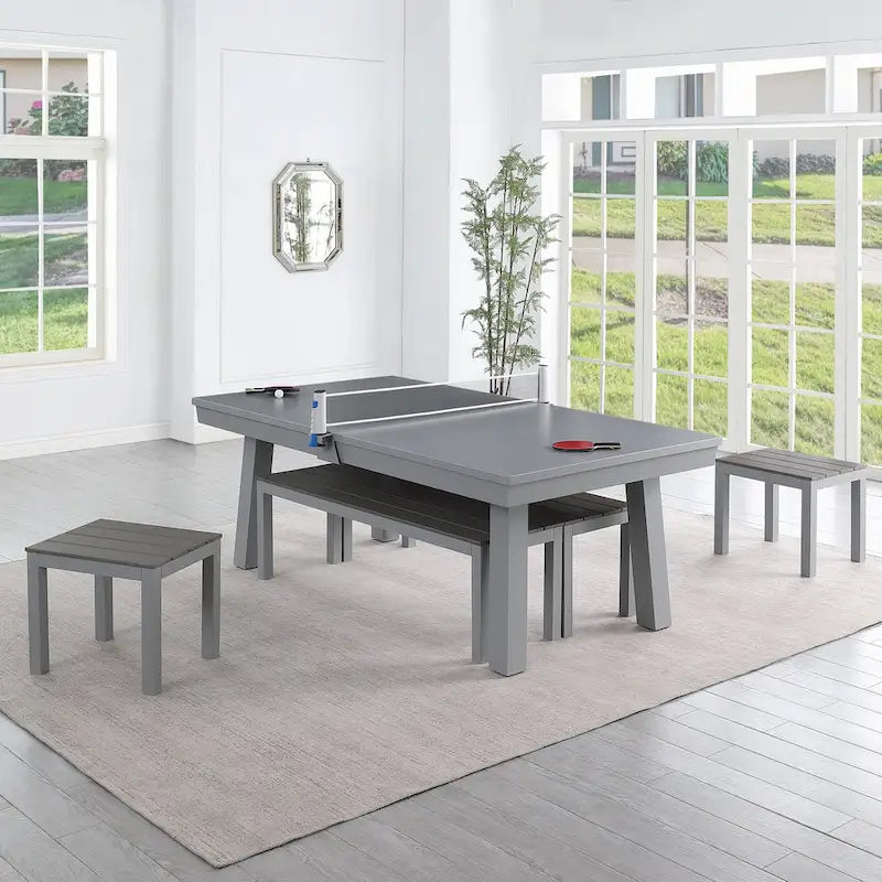 Newport Outdoor Patio 7ft Slate Pool Table 6-Seater Dining Set with 4 Benches & Accessories, Cement Finish