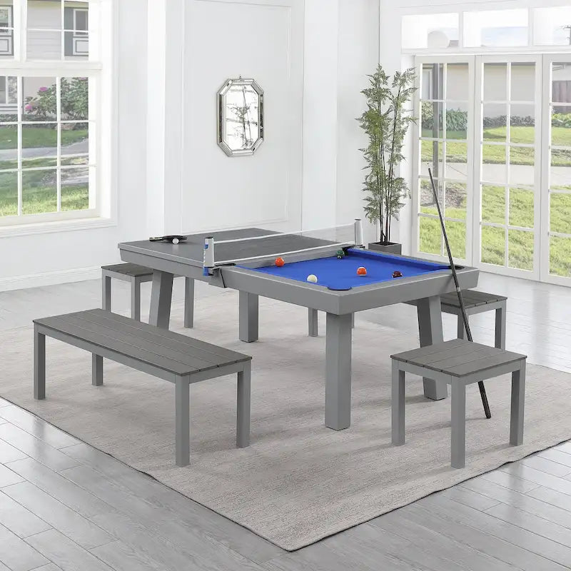 Newport Outdoor Patio 7ft Slate Pool Table 6-Seater Dining Set with 4 Benches & Accessories, Cement Finish