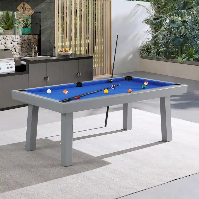 Newport Outdoor Patio 7ft Slate Pool Table 6-Seater Dining Set with 4 Benches & Accessories, Cement Finish