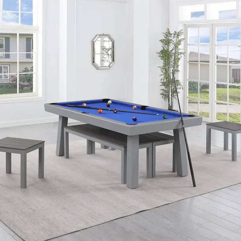 Newport Outdoor Patio 7ft Slate Pool Table 6-Seater Dining Set with 4 Benches & Accessories, Cement Finish