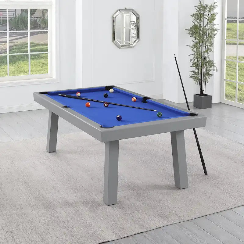 Newport Outdoor Patio 7ft Slate Pool Table 6-Seater Dining Set with 4 Benches & Accessories, Cement Finish