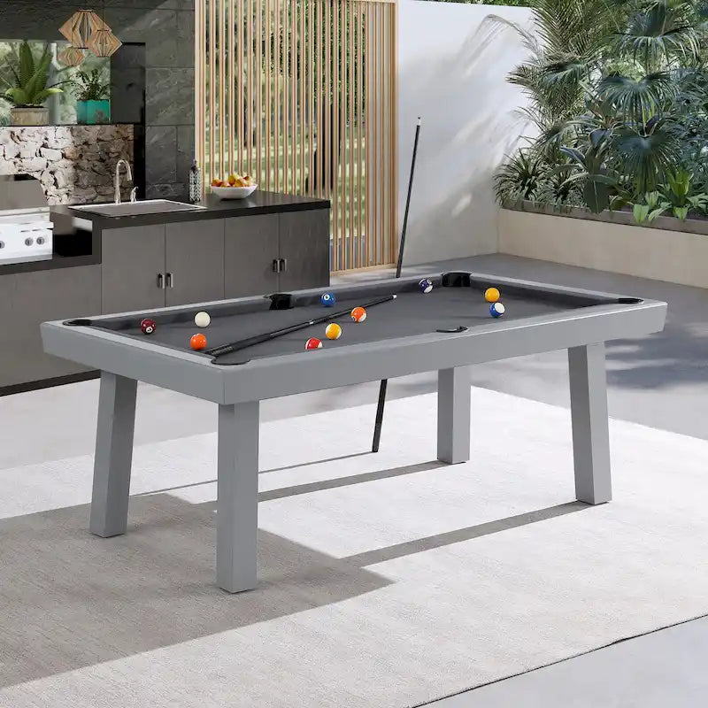 Newport Outdoor Patio 7ft Slate Pool Table 6-Seater Dining Set with 4 Benches & Accessories, Cement Finish
