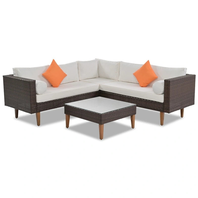 4-pieces L-shape Wicker Sofa Set with Colorful Pillows