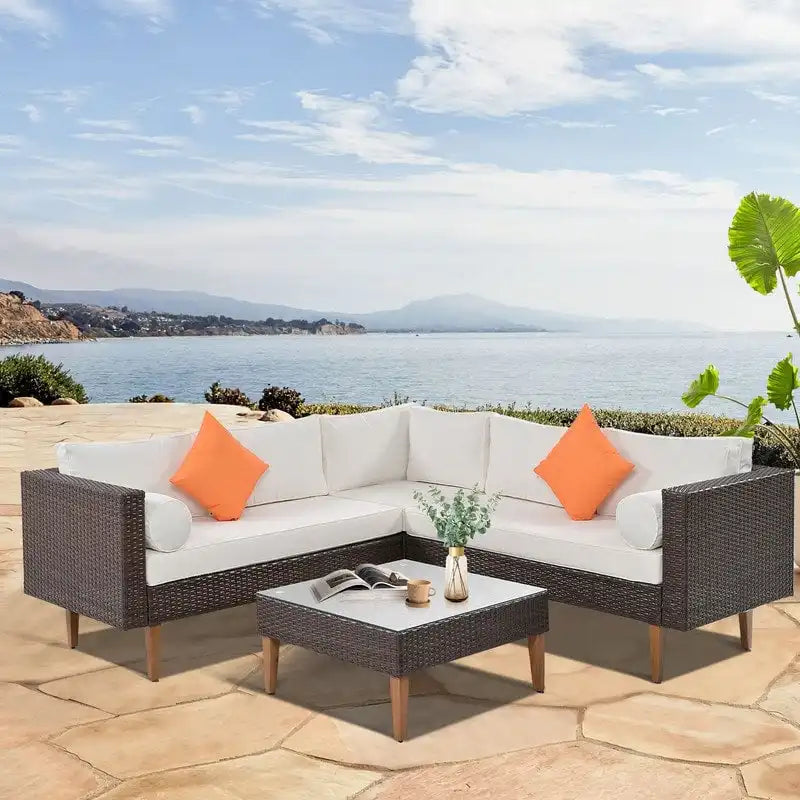 4-pieces L-shape Wicker Sofa Set with Colorful Pillows