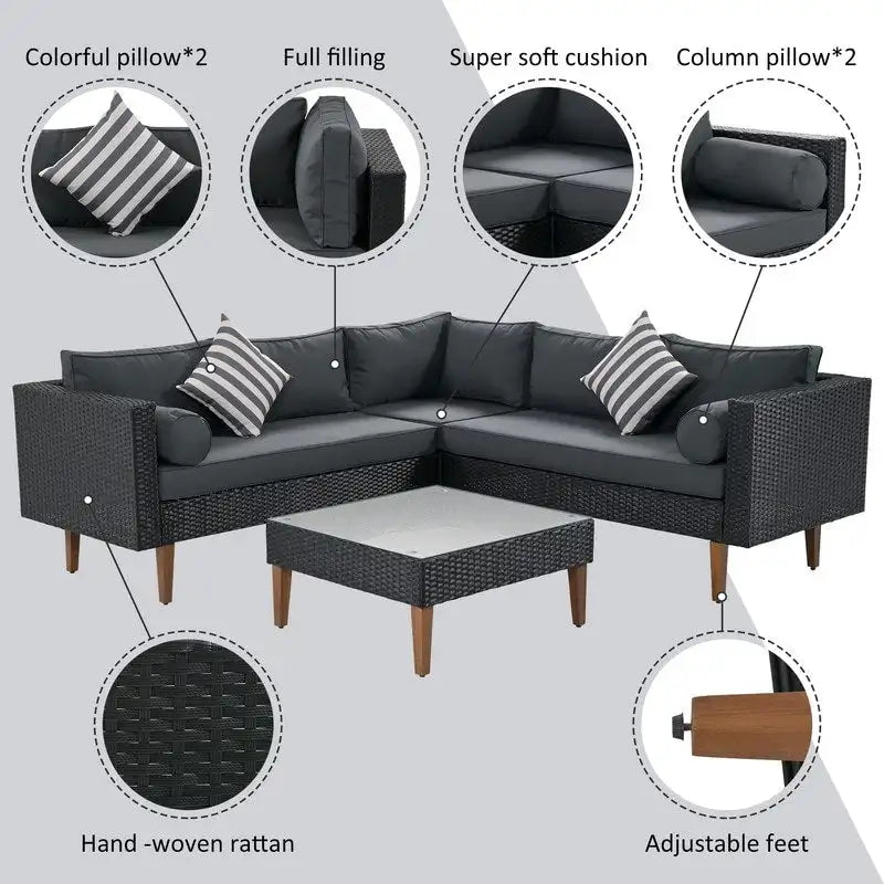 4-pieces L-shape Wicker Sofa Set with Colorful Pillows
