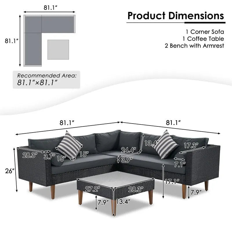 4-pieces L-shape Wicker Sofa Set with Colorful Pillows