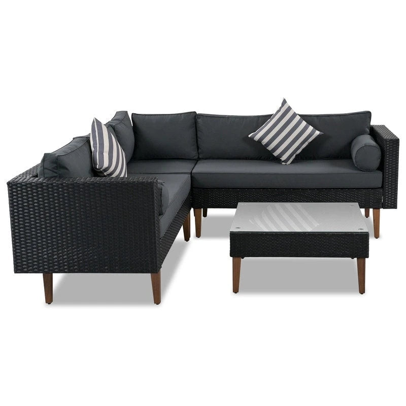 4-pieces L-shape Wicker Sofa Set with Colorful Pillows