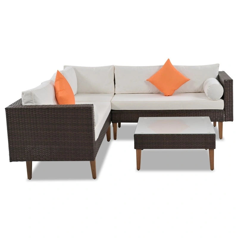 4-pieces L-shape Wicker Sofa Set with Colorful Pillows