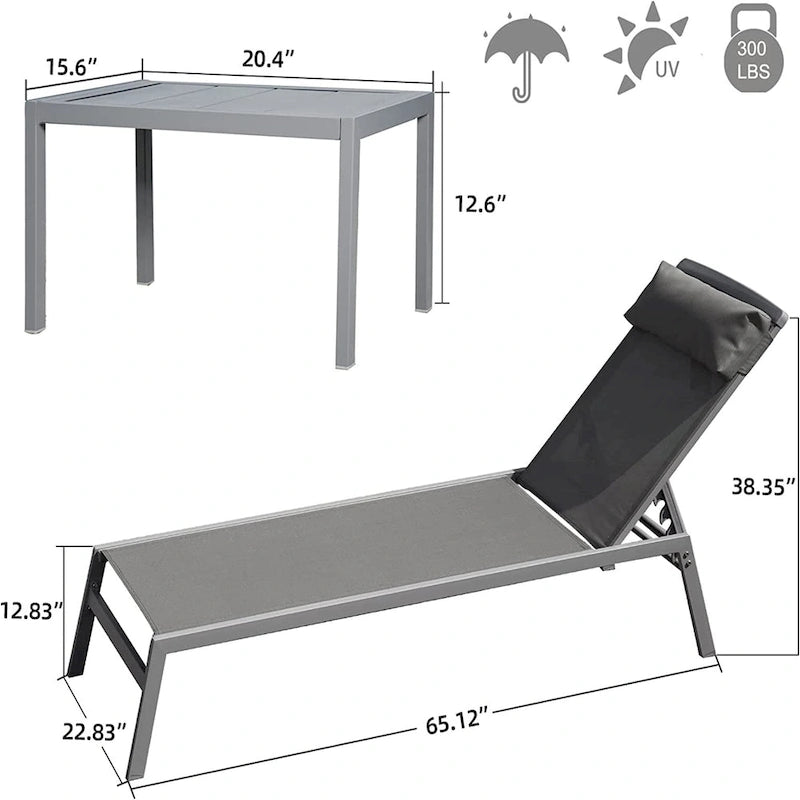 3 Pieces Aluminum Adjustable Pool Lounge Chairs
