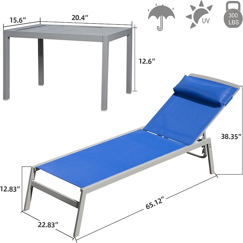 3 Pieces Aluminum Adjustable Pool Lounge Chairs