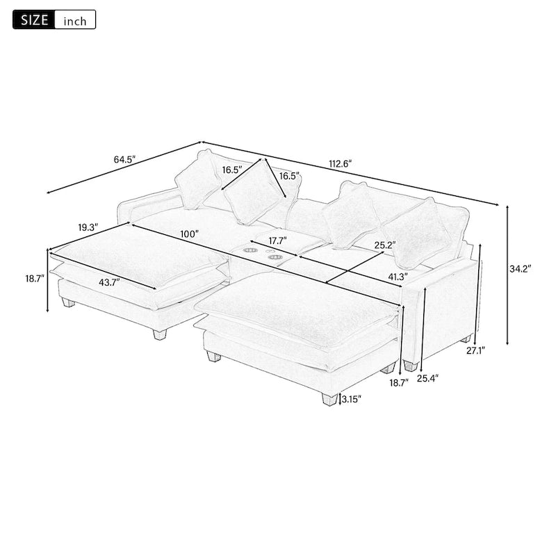 112.6 Sectional Sofa Chenille Upholstered Sofa with Two Removable Ottoman, Two USB Ports, Two Cup Holders and Large Storage Box