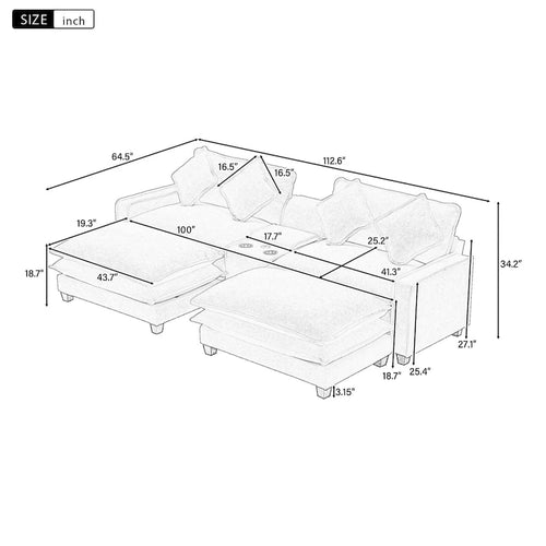 112.6 Sectional Sofa Chenille Upholstered Sofa with Two Removable Ottoman, Two USB Ports, Two Cup Holders and Large Storage Box