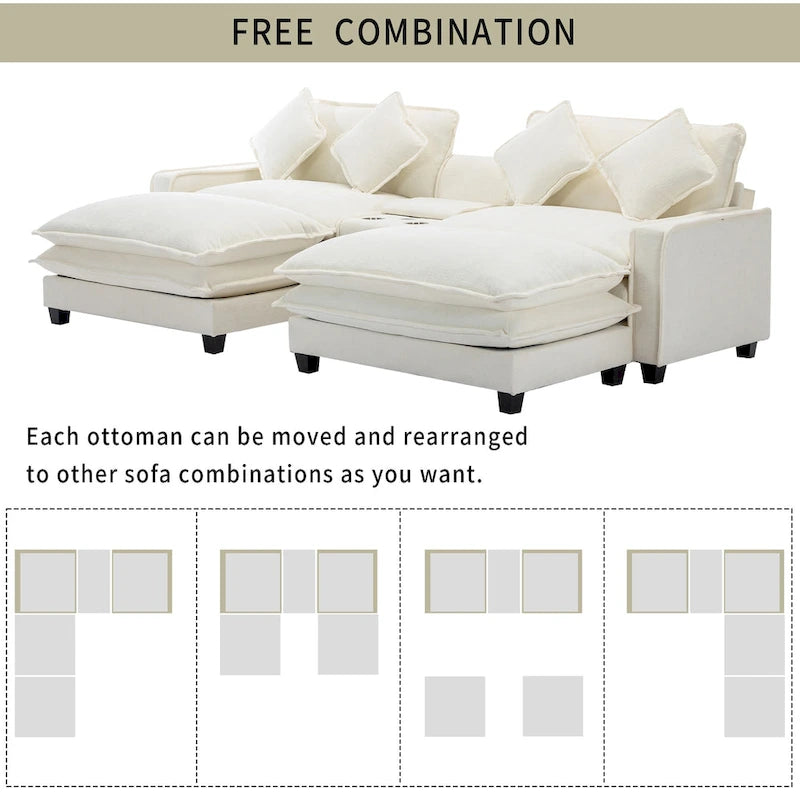 112.6 Sectional Sofa Chenille Upholstered Sofa with Two Removable Ottoman, Two USB Ports, Two Cup Holders and Large Storage Box