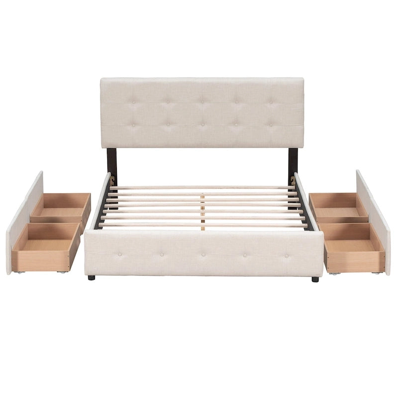 Upholstered Platform Bed with Classic Headboard and 4 Drawers, No Box Spring Needed, Linen Fabric