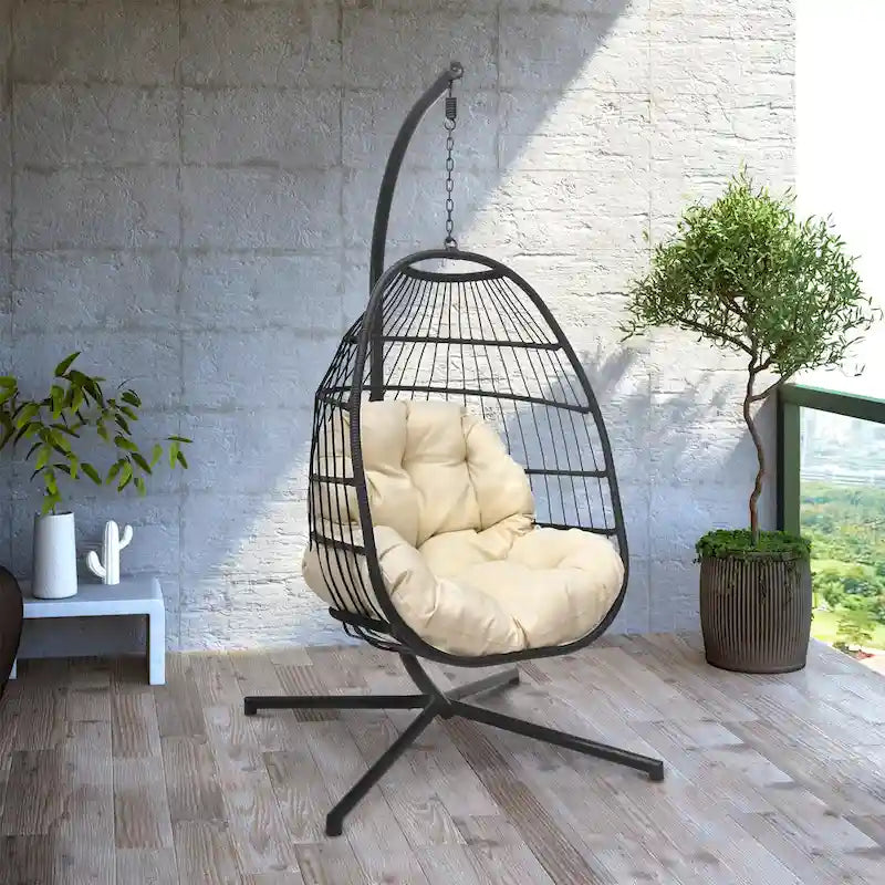 Maypex Outdoor Wicker Hanging Swing Chair with Cushion and Stand