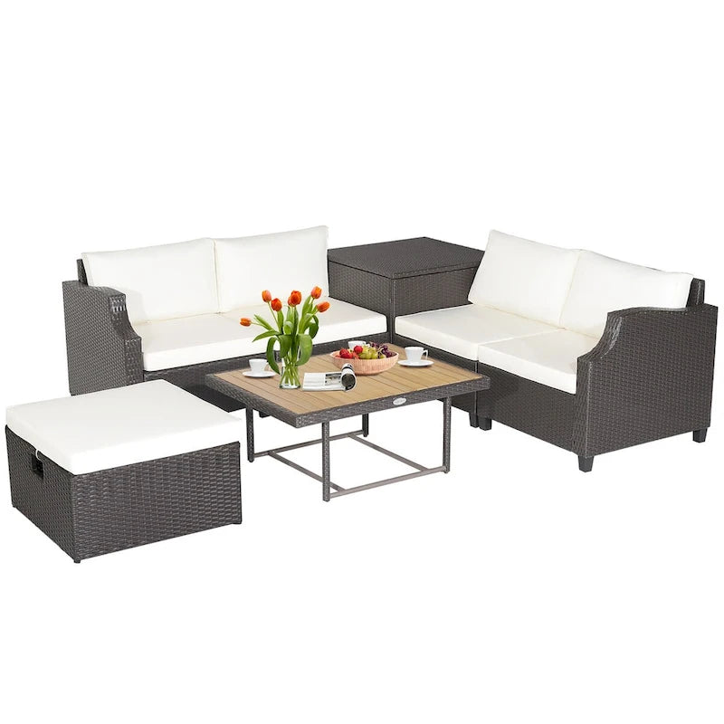 Costway 7pcs Patio Outdoor PE Wicker Cushioned Furniture Conversation - 35  x 27  x 15  (L x W x H)