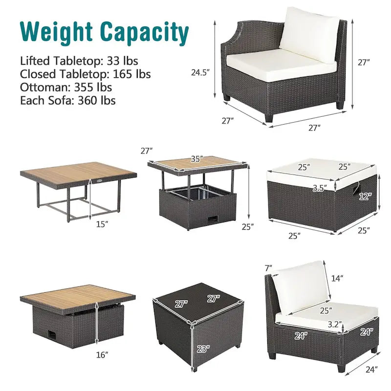 Costway 7pcs Patio Outdoor PE Wicker Cushioned Furniture Conversation - 35  x 27  x 15  (L x W x H)