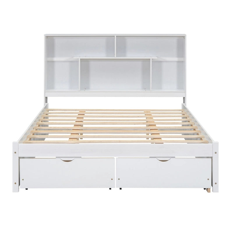 Queen Size Platform Bed with Storage Headboard and 2 Drawers