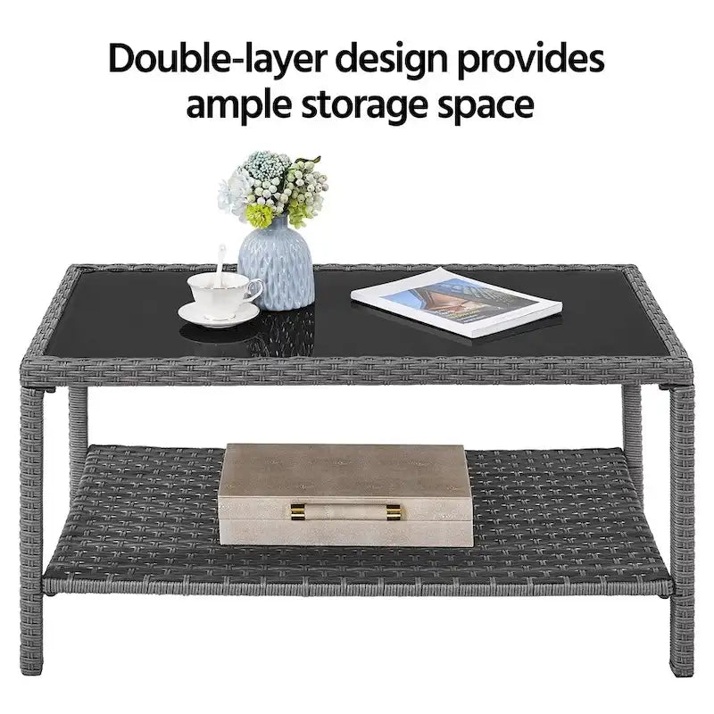 Yaheetech Wicker 2-Layer Patio Rattan Table with Tempered Glass Top