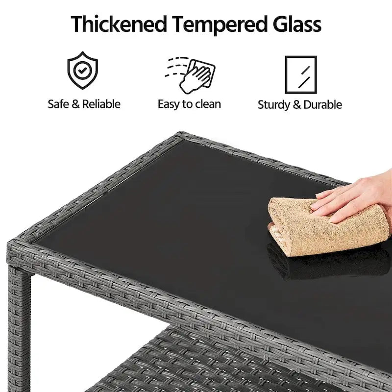 Yaheetech Wicker 2-Layer Patio Rattan Table with Tempered Glass Top