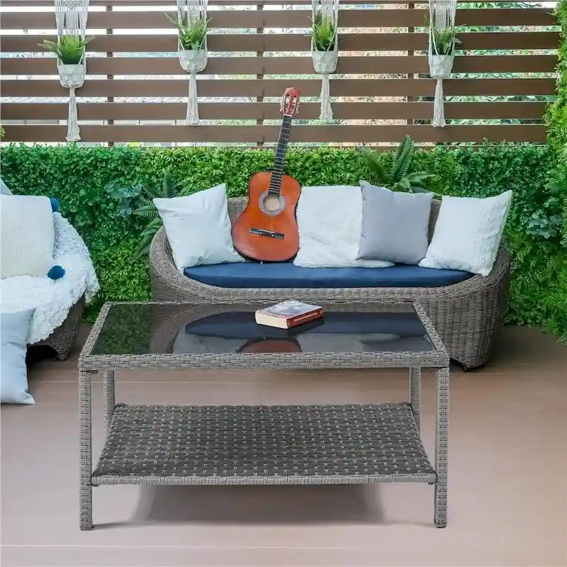 Yaheetech Wicker 2-Layer Patio Rattan Table with Tempered Glass Top