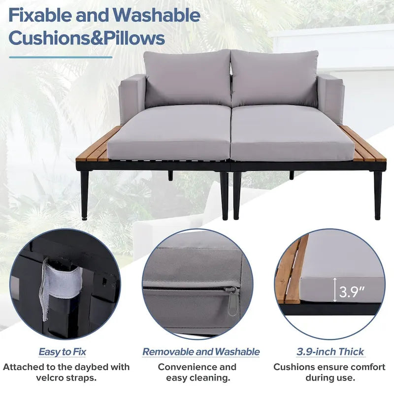 Outdoor Patio Daybed with Acacia Wood Side Spaces