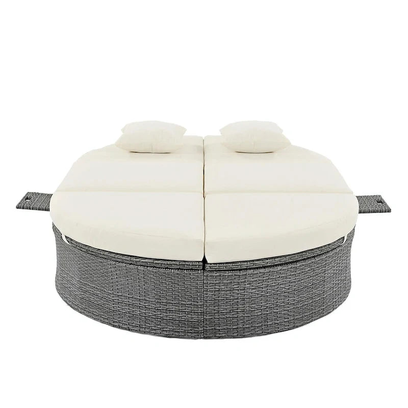 Rattan Patio Daybed with Cushions, Reclining Chaise Lounge, Foldable Trays