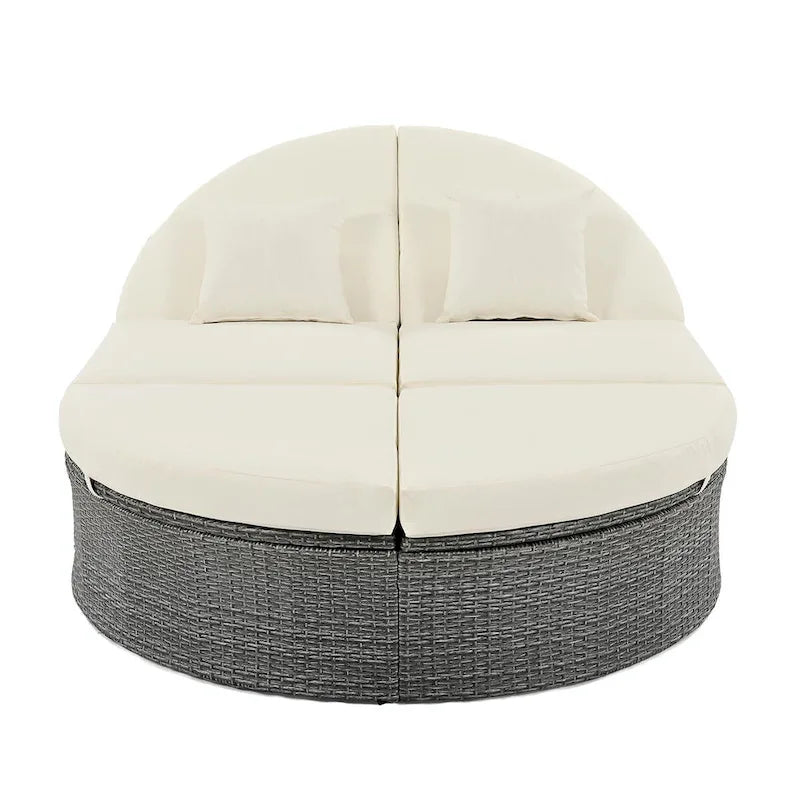 Rattan Patio Daybed with Cushions, Reclining Chaise Lounge, Foldable Trays