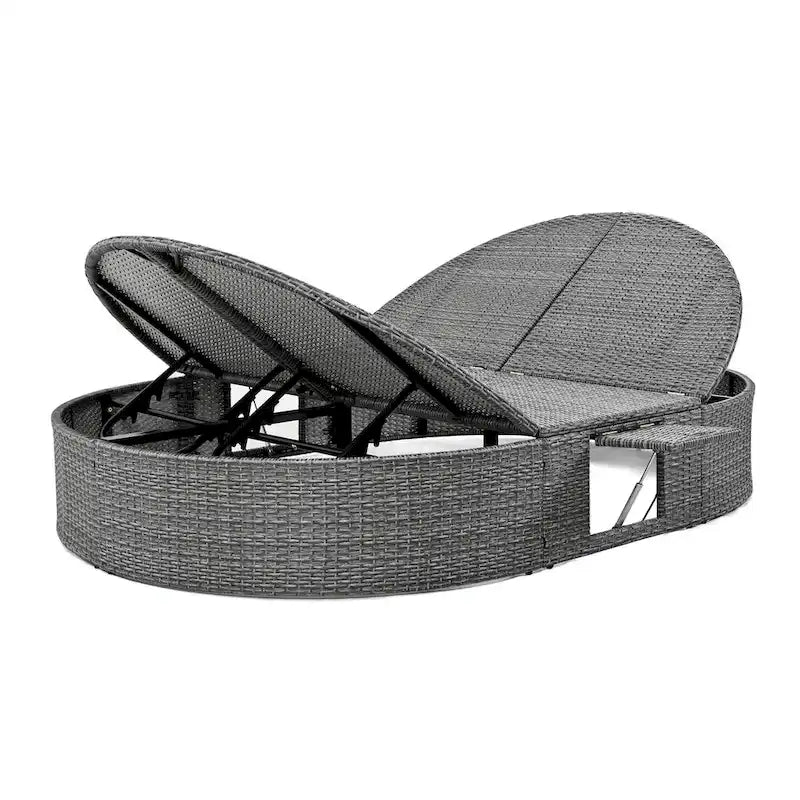 Rattan Patio Daybed with Cushions, Reclining Chaise Lounge, Foldable Trays