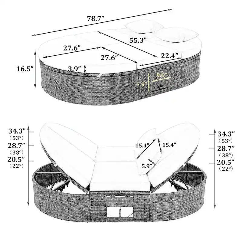 Rattan Patio Daybed with Cushions, Reclining Chaise Lounge, Foldable Trays