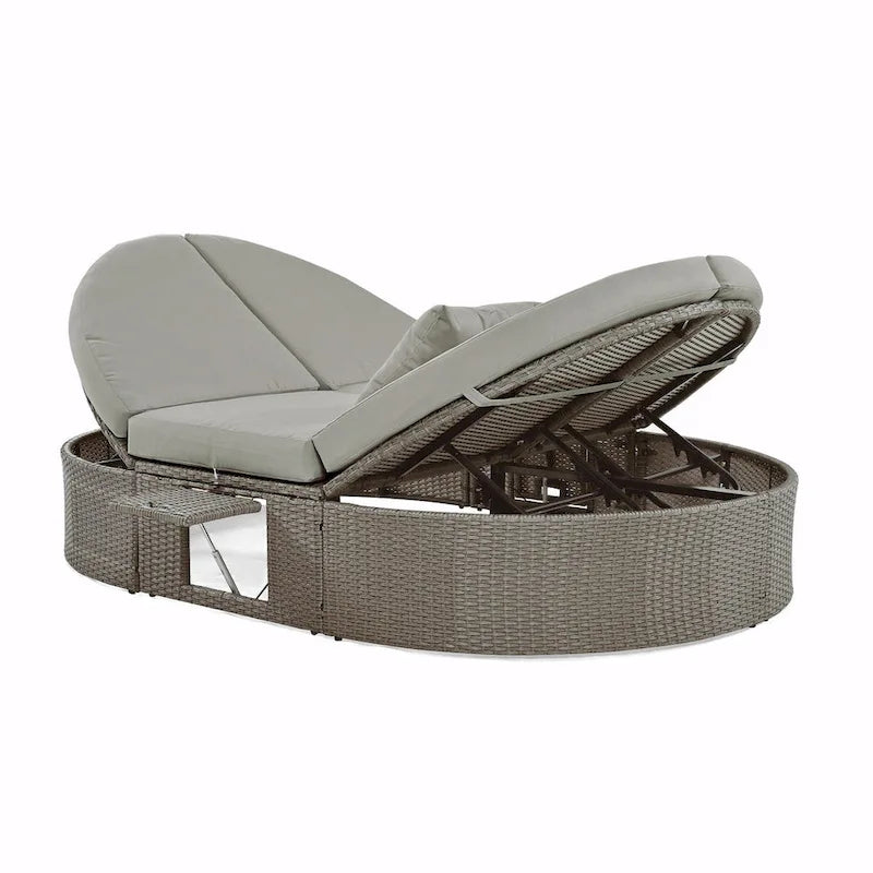 Rattan Patio Daybed with Cushions, Reclining Chaise Lounge, Foldable Trays