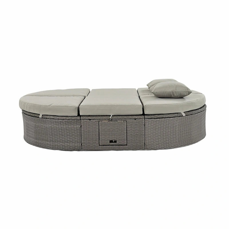 Rattan Patio Daybed with Cushions, Reclining Chaise Lounge, Foldable Trays