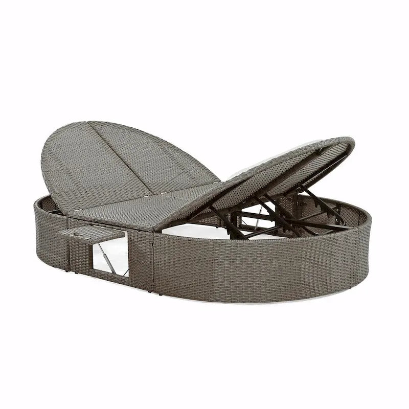 Rattan Patio Daybed with Cushions, Reclining Chaise Lounge, Foldable Trays