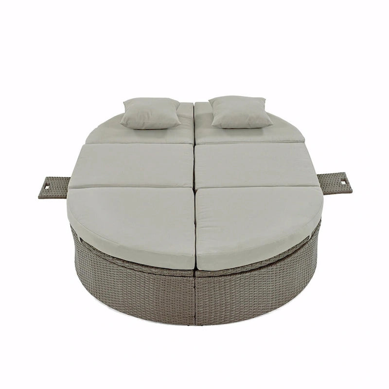 Rattan Patio Daybed with Cushions, Reclining Chaise Lounge, Foldable Trays