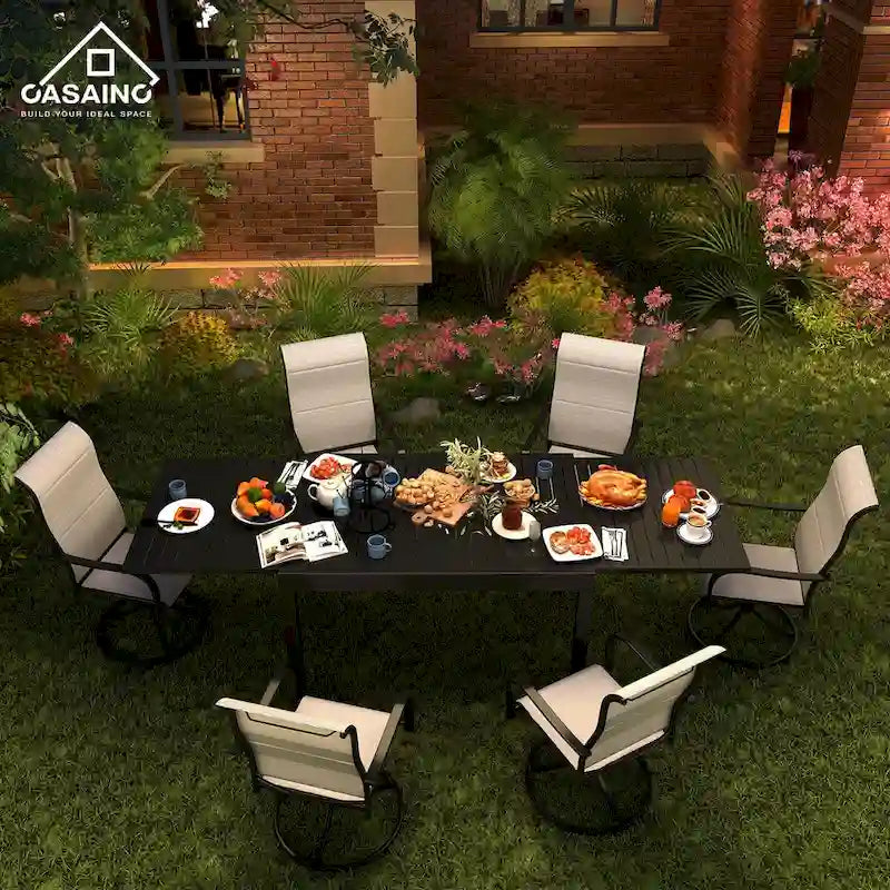7 Piece Metal Frame Patio Dining Set, Aluminum Extendable Dining Table - N/A