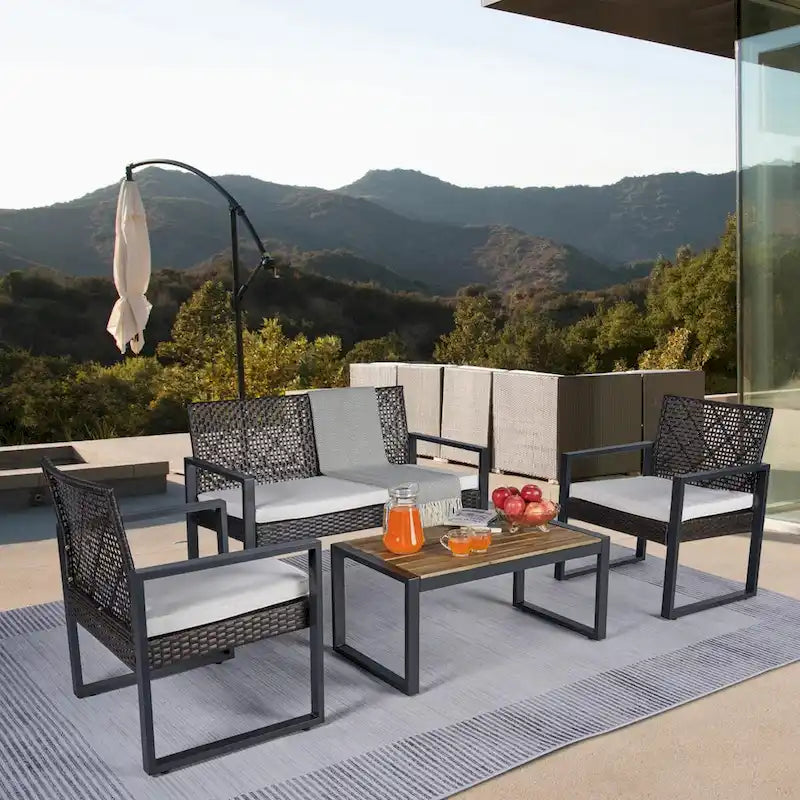4-Piece Patio Furniture Set Outdoor Balcony Porch Garden Backyard Lawn Furniture Acacia Wood Table Top,Brown and Beige Cushion