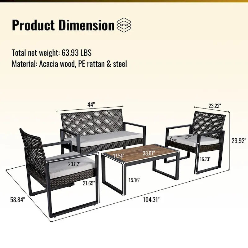 4-Piece Patio Furniture Set Outdoor Balcony Porch Garden Backyard Lawn Furniture Acacia Wood Table Top,Brown and Beige Cushion