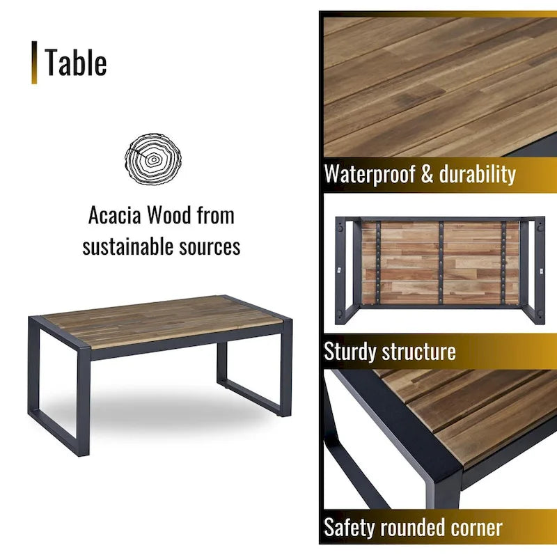 4-Piece Patio Furniture Set Outdoor Balcony Porch Garden Backyard Lawn Furniture Acacia Wood Table Top,Brown and Beige Cushion