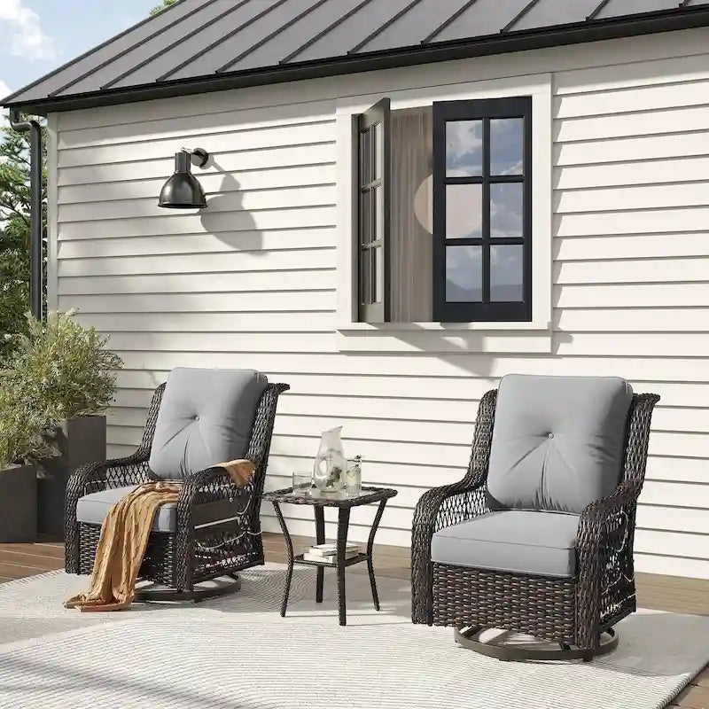 3-Piece LED Lighting Swivel Wicker Rattan Outdoor Rocking Chairs Set with Cushions and Side Table