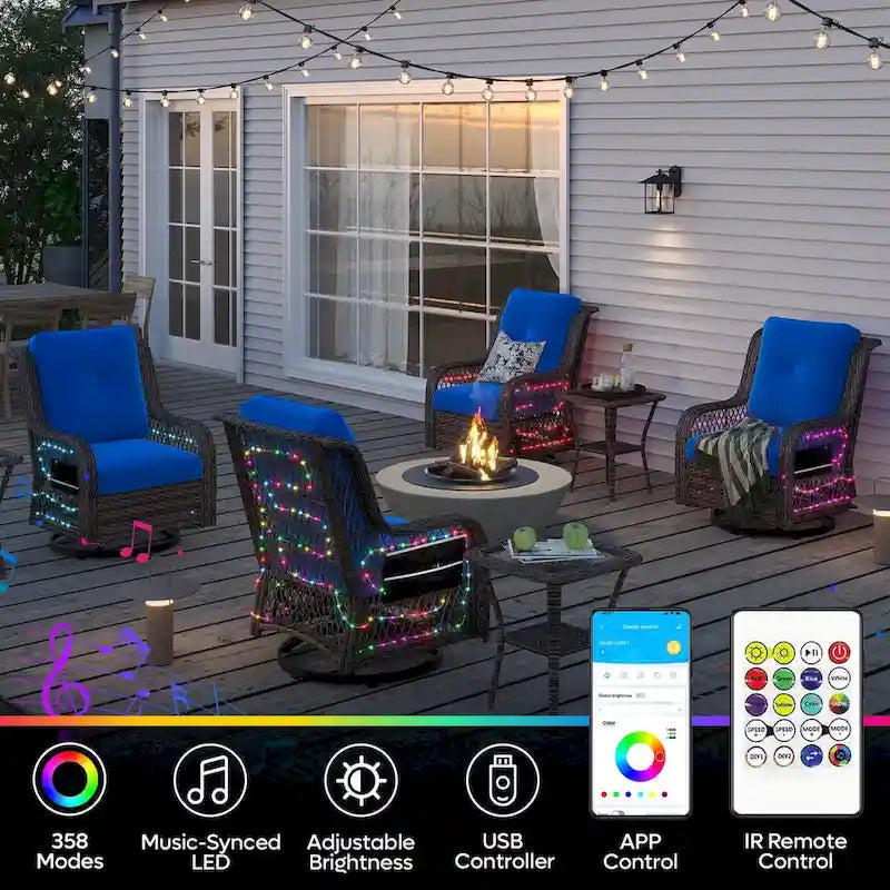 3-Piece LED Lighting Swivel Wicker Rattan Outdoor Rocking Chairs Set with Cushions and Side Table