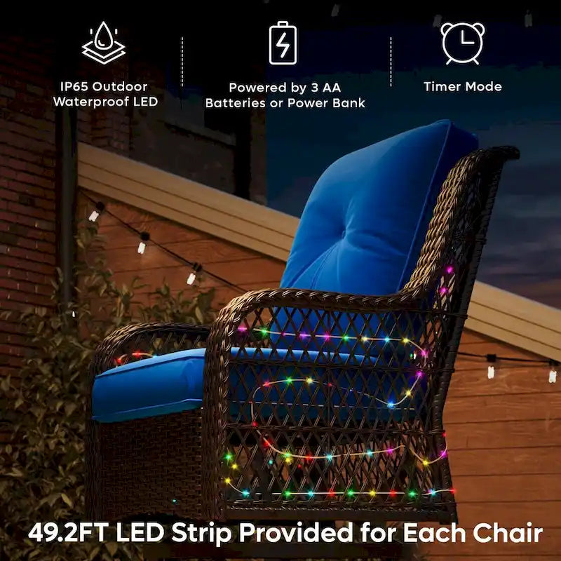 3-Piece LED Lighting Swivel Wicker Rattan Outdoor Rocking Chairs Set with Cushions and Side Table