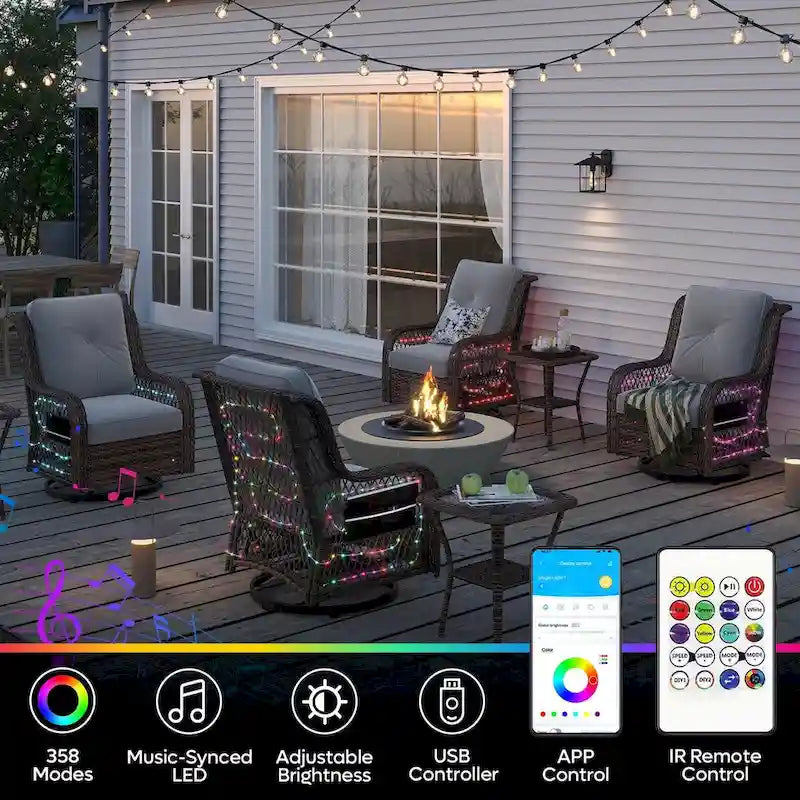 3-Piece LED Lighting Swivel Wicker Rattan Outdoor Rocking Chairs Set with Cushions and Side Table