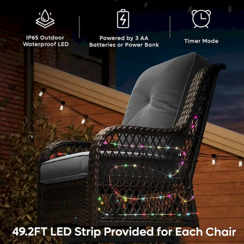 3-Piece LED Lighting Swivel Wicker Rattan Outdoor Rocking Chairs Set with Cushions and Side Table