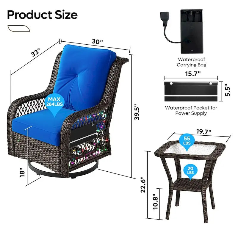 3-Piece LED Lighting Swivel Wicker Rattan Outdoor Rocking Chairs Set with Cushions and Side Table
